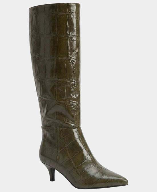 
Faux Leather Croc Print Knee High Boot in OLIVE view 1