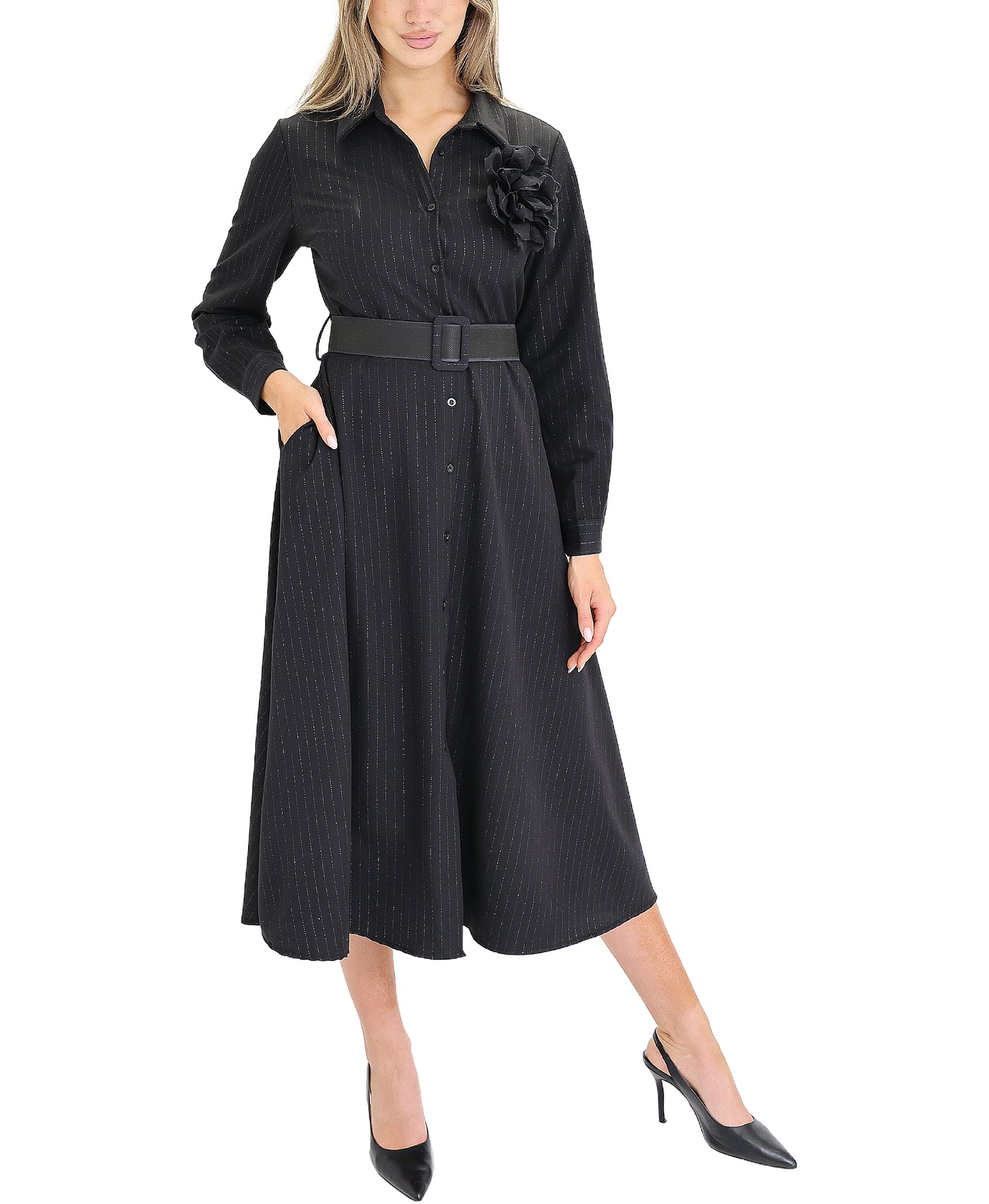 Pinstripe Midi Shirt Dress view 1