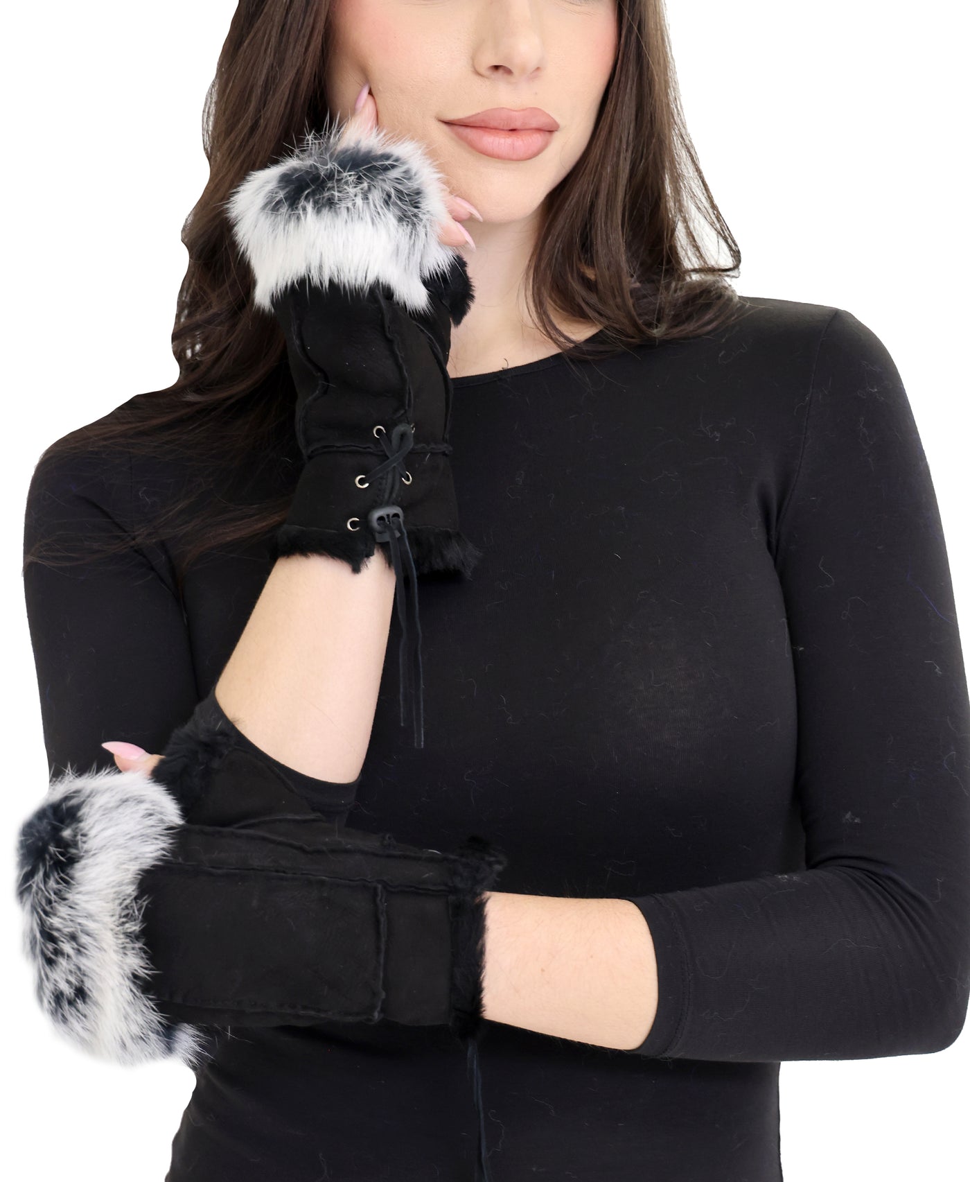 Shearling Fingerless Gloves w/ Fur Trim view 1