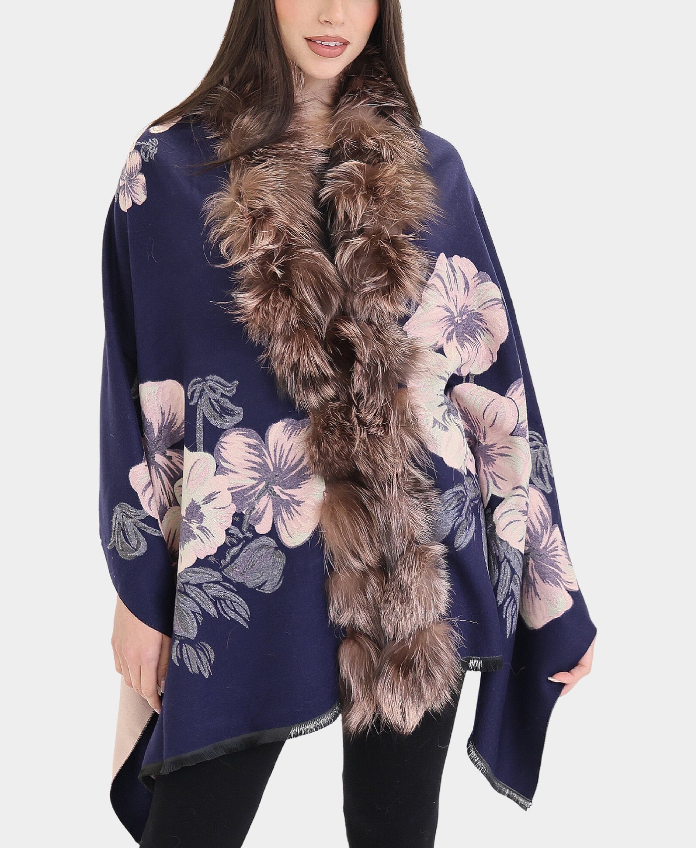 Cashmere Blend Wrap w/ Fox Fur Trim view 1