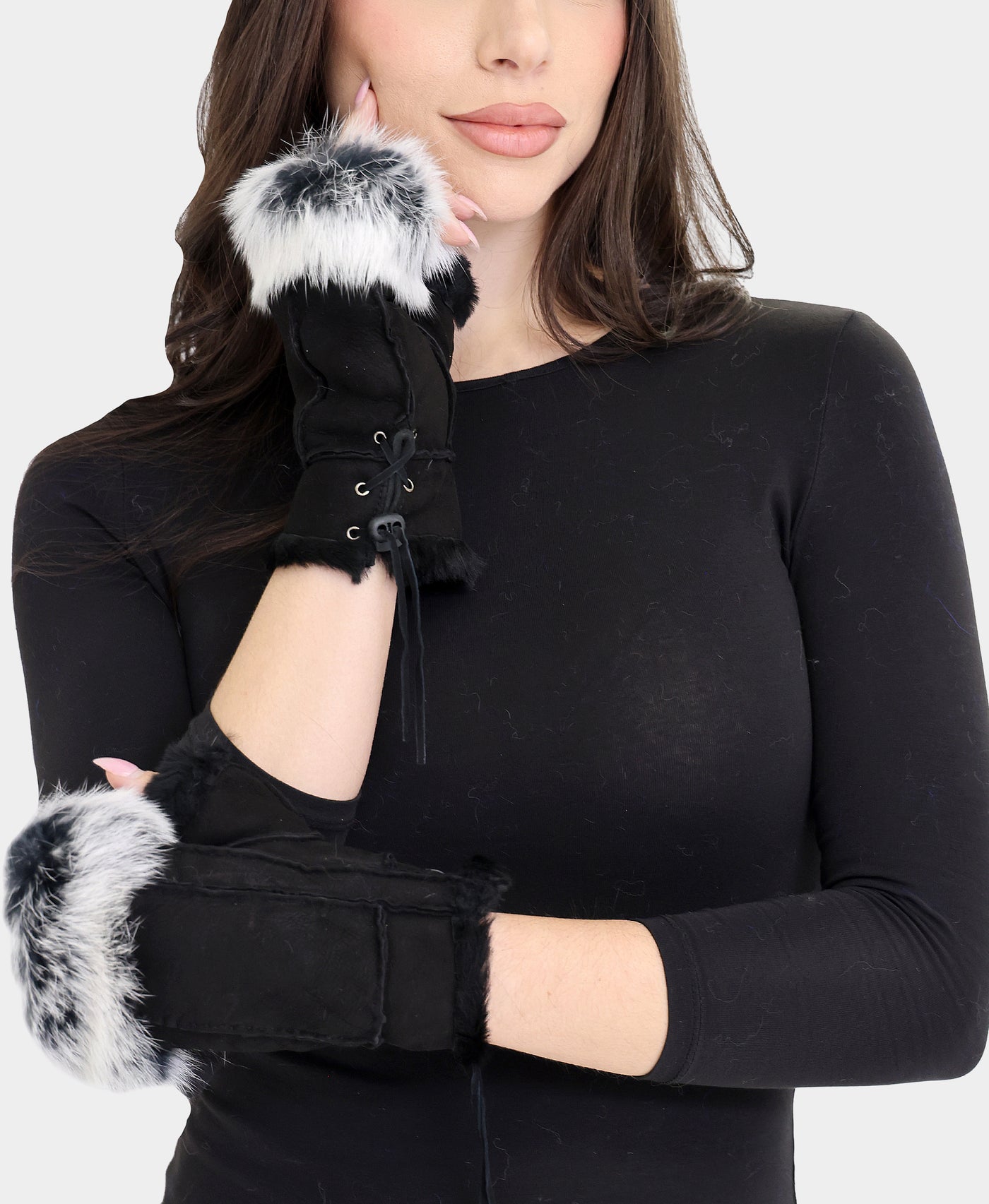 Shearling Fingerless Gloves w/ Fur Trim view 1
