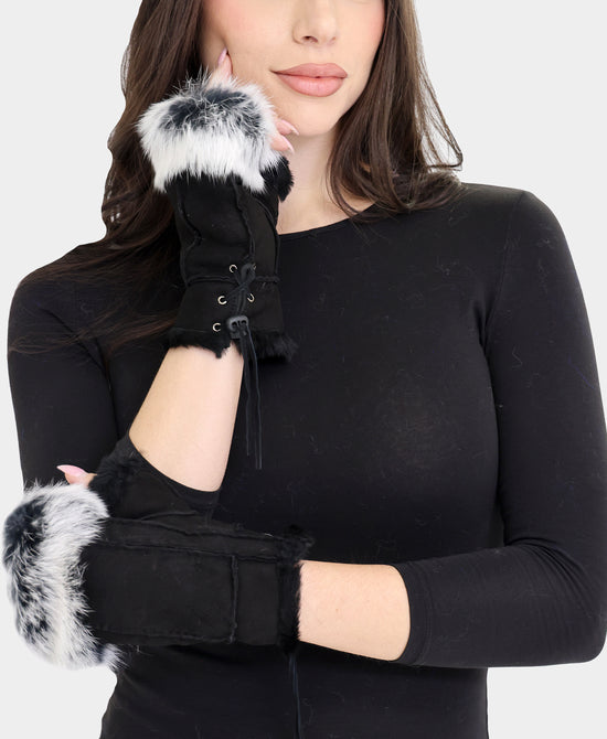 Shearling Fingerless Gloves w/ Fur Trim view 