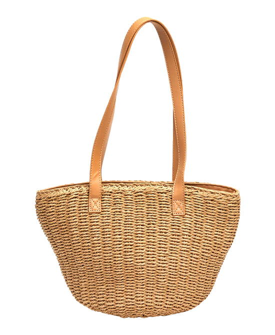 Small Woven Straw Tote Bag w/ Faux Leather view 1
