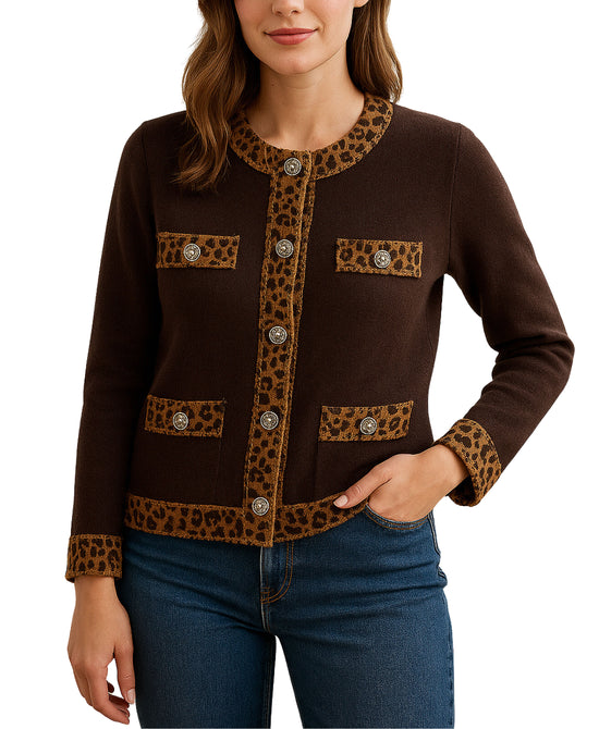 Cardigan Sweater w/ Leopard Print Denim Trim view 