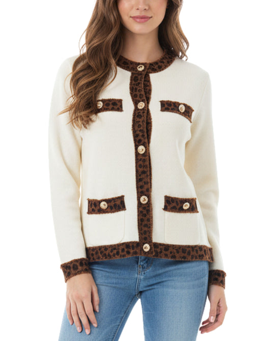 Cardigan Sweater w/ Leopard Print Denim Trim view 