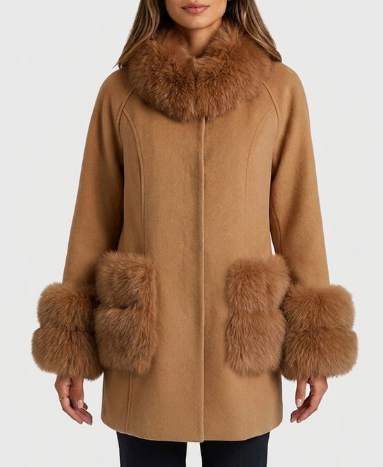 
Cashmere Coat w/ Fox Fur Trim in CAMEL view 1