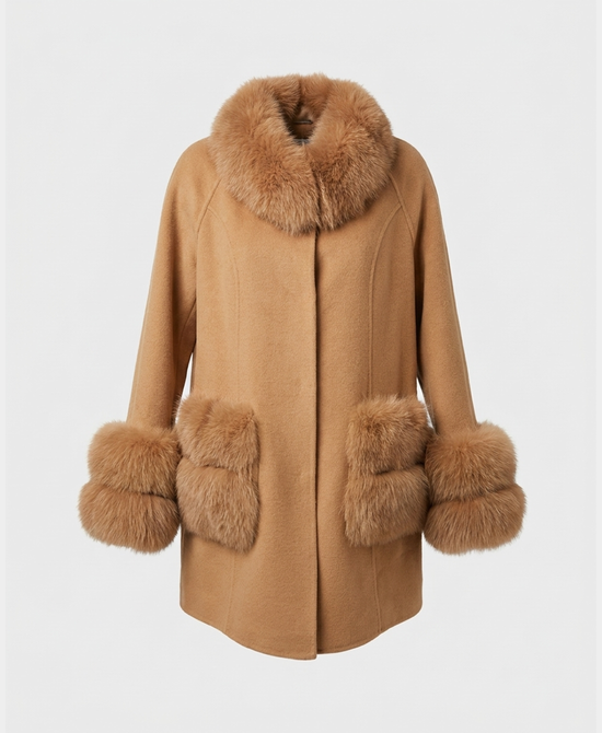 
Cashmere Coat w/ Fox Fur Trim in CAMEL view 2