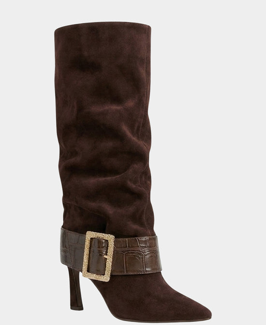 
Faux Suede Large Buckle Knee High Boot in BROWN view 1