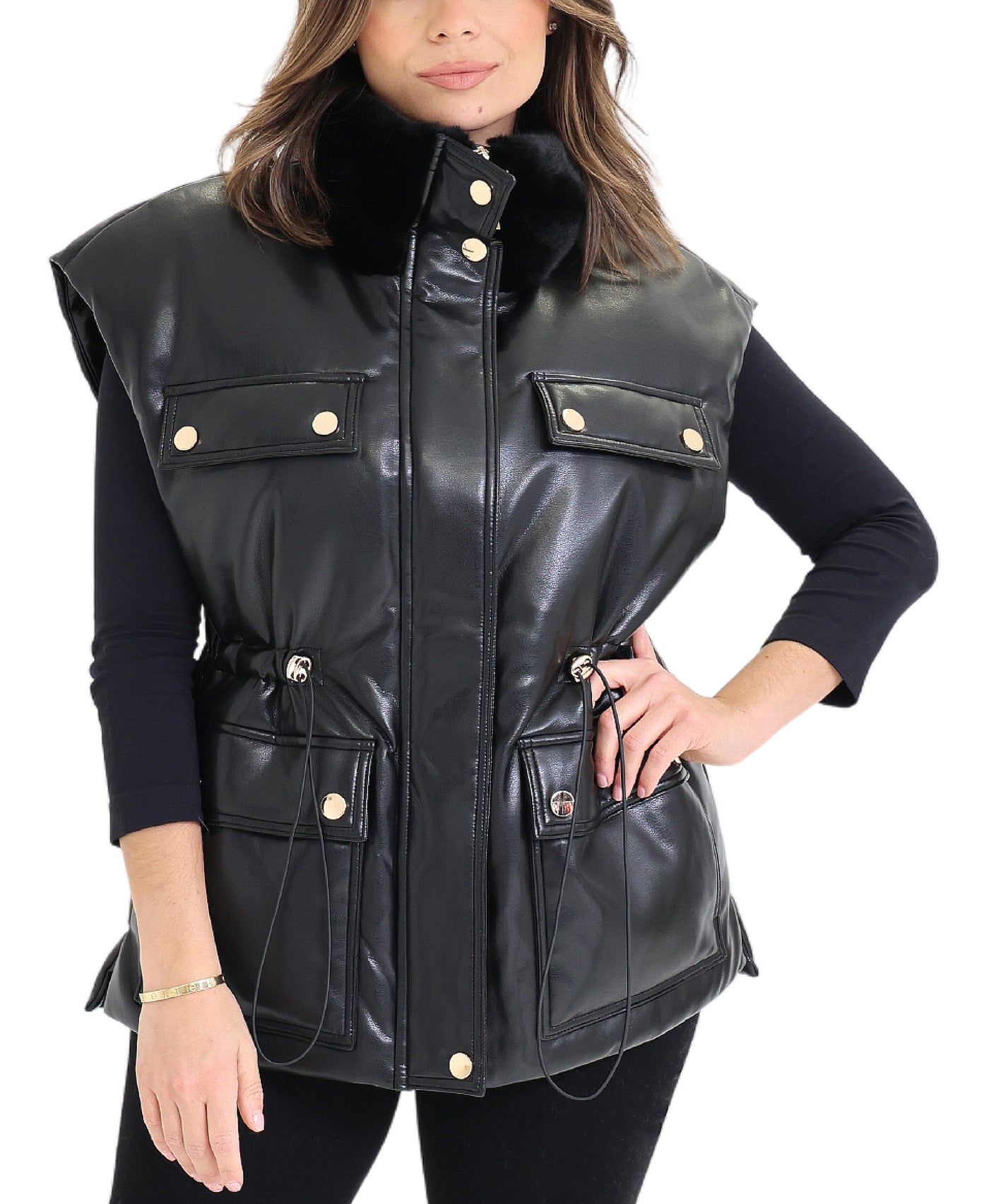 Faux Leather Down Vest w/ Faux Fur Trim view 1