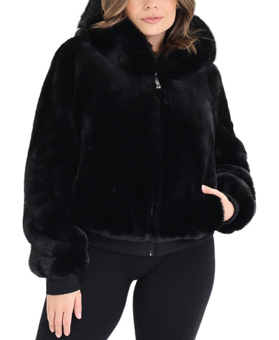 Faux Fur Bomber Jacket w/ Hood image 1