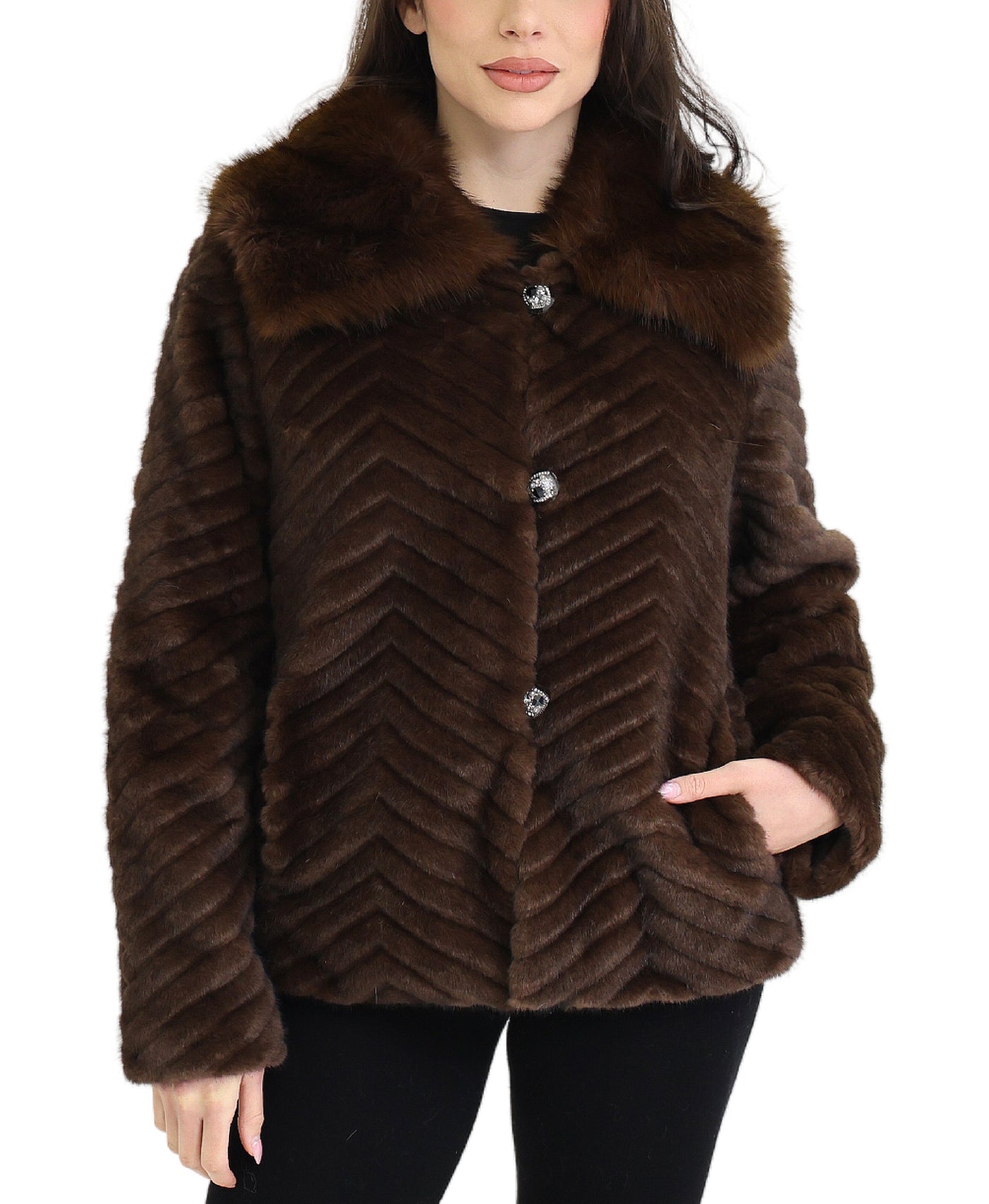 Chevron Jacket w/ Faux Fur Collar view 1