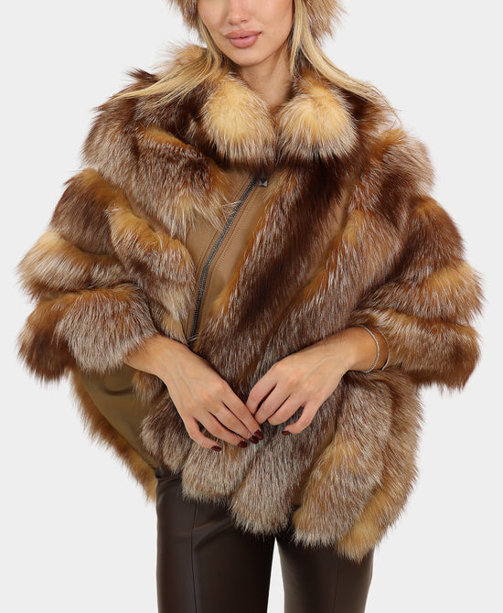 Fox Fur Poncho w/ Leather Trim view 