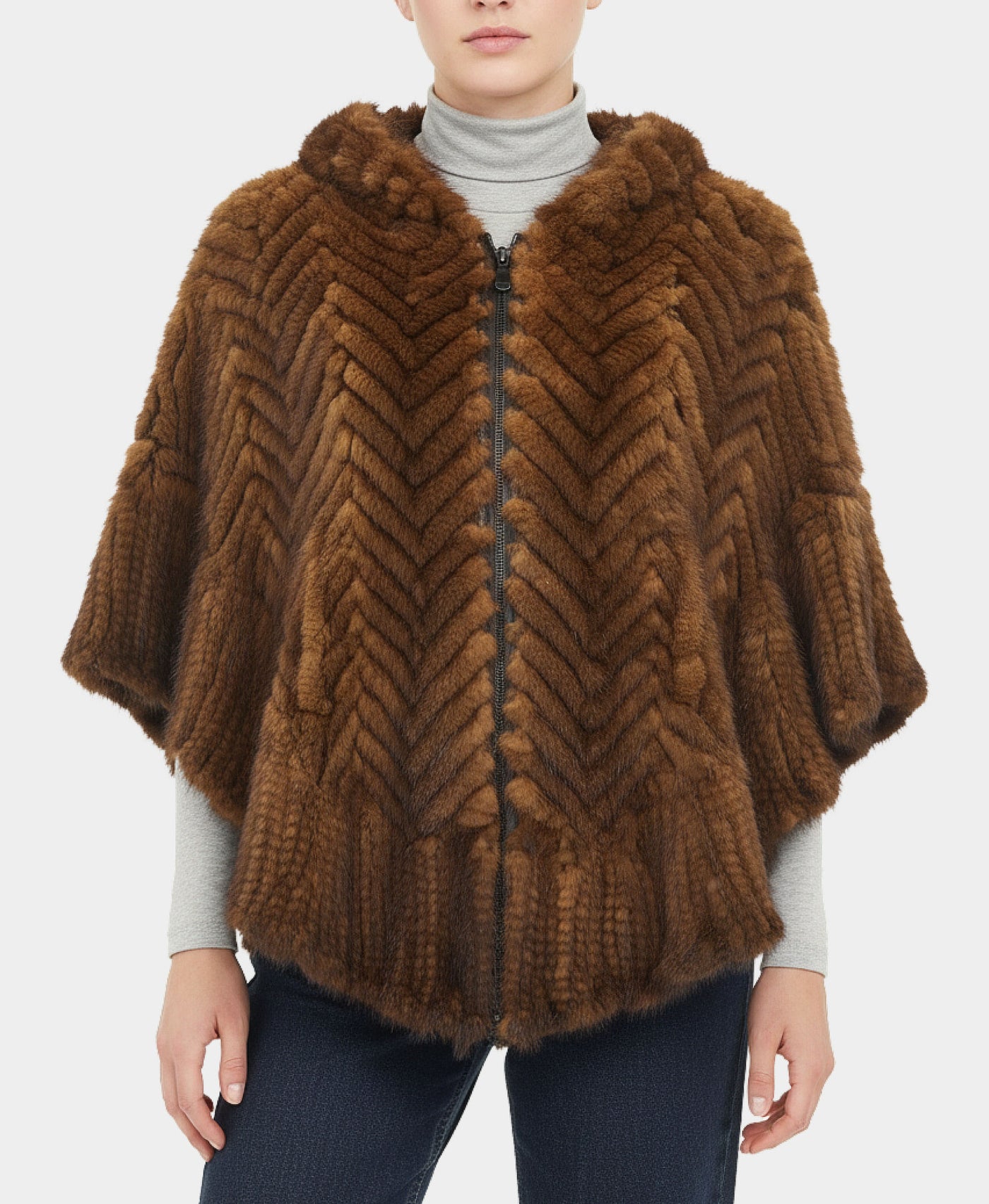Mink Chevron Hooded Poncho view 1