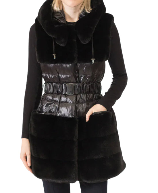 Shiny Down Puffer & Faux Fur Vest w/ Belt & Hood view 