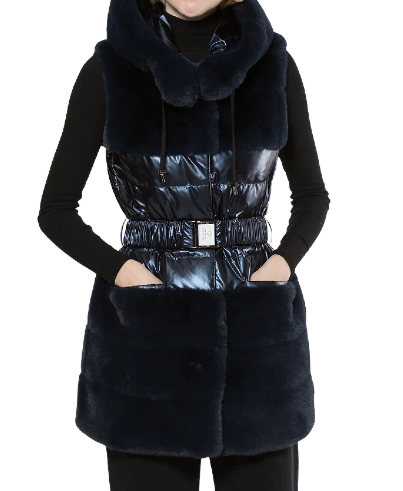 Shiny Down Puffer & Faux Fur Vest w/ Belt & Hood view 1