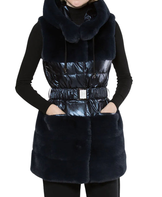 Shiny Down Puffer & Faux Fur Vest w/ Belt & Hood view 