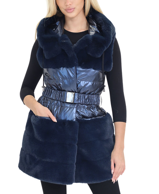 Shiny Down Puffer & Faux Fur Vest w/ Belt & Hood view 