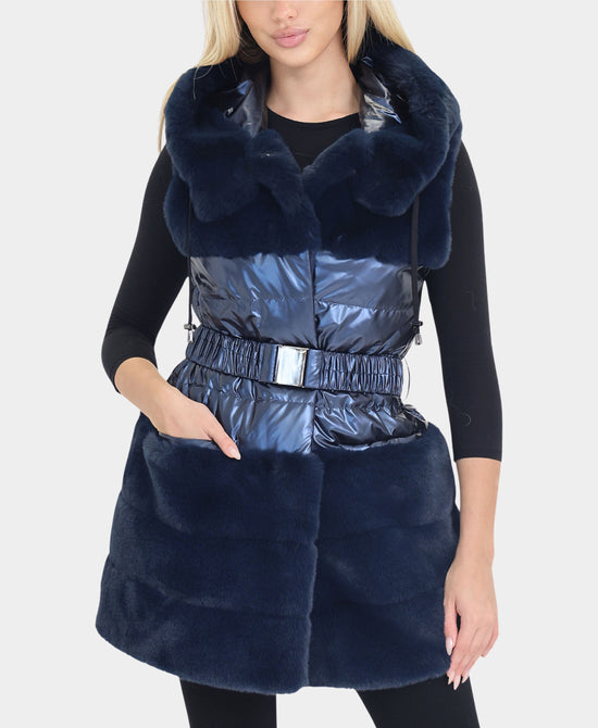 Shiny Down Puffer & Faux Fur Vest w/ Belt & Hood view 