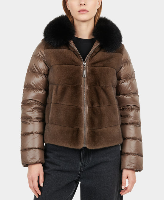 Reversible Faux Fur Trim Puffer w/ Hood view 