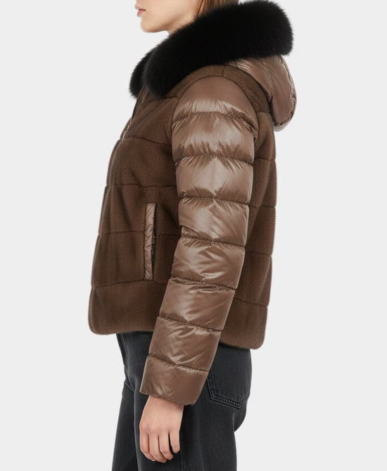 Reversible Faux Fur Trim Puffer w/ Hood view 