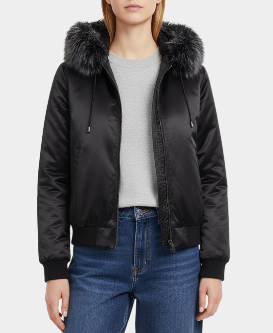 Bomber Jacket w/ Faux Fur Trim Hood view 