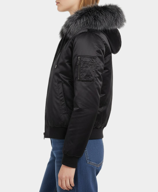 Bomber Jacket w/ Faux Fur Trim Hood view 