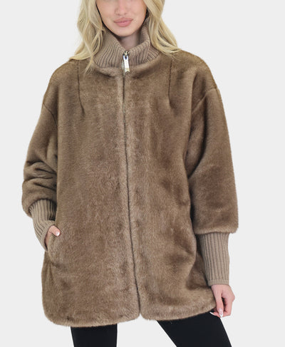 Faux Fur Jacket w/ Knit Trim image 1