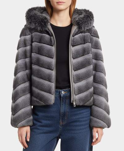 Two Tone Faux Fur Jacket w/ Hood image 1