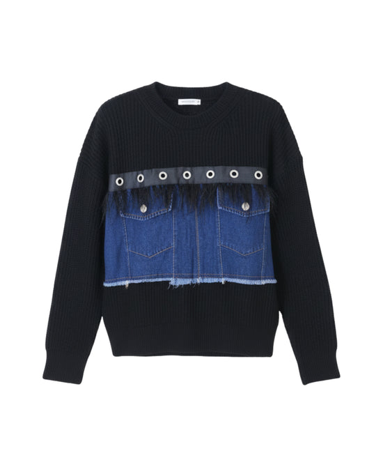 Sweater w/ Grommets & Denim Trim view 