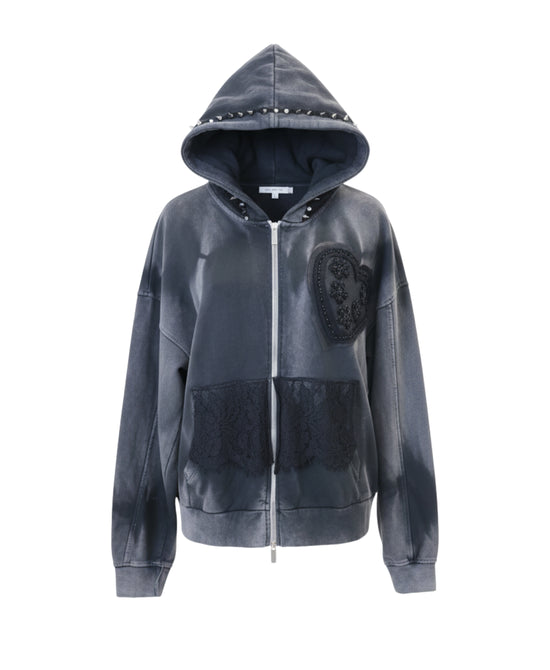 Hoodie w/ Lace Trim, Pointed Studs & Rhinestones view 