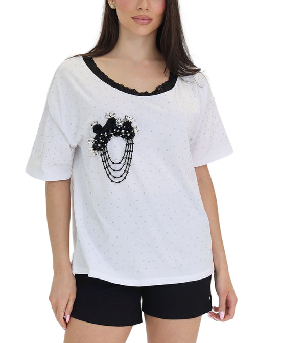 Top w/ Rhinestones & Lace Trim view 