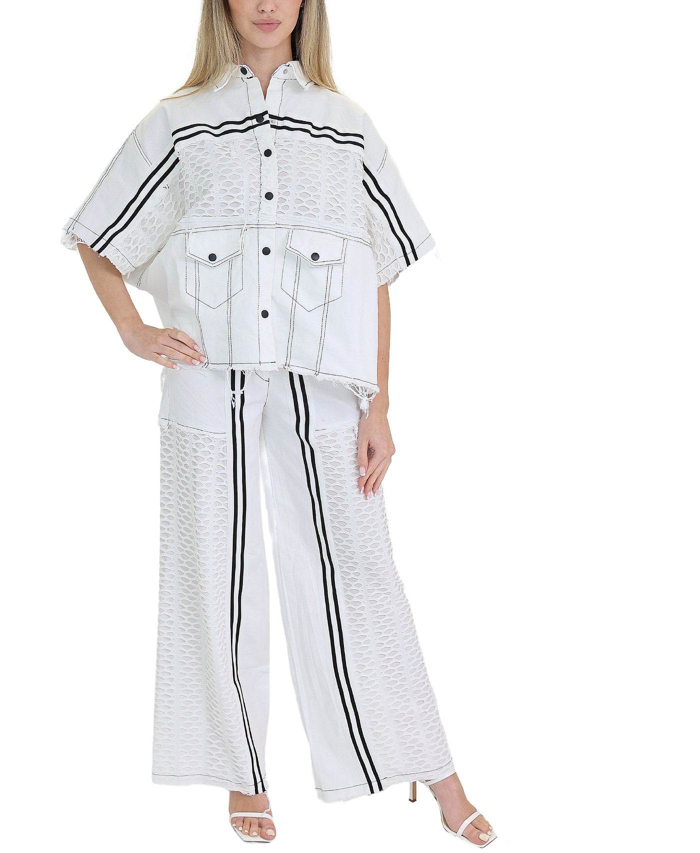 Stripe Distressed Denim Top & Pants - 2 Pc Set view 1
