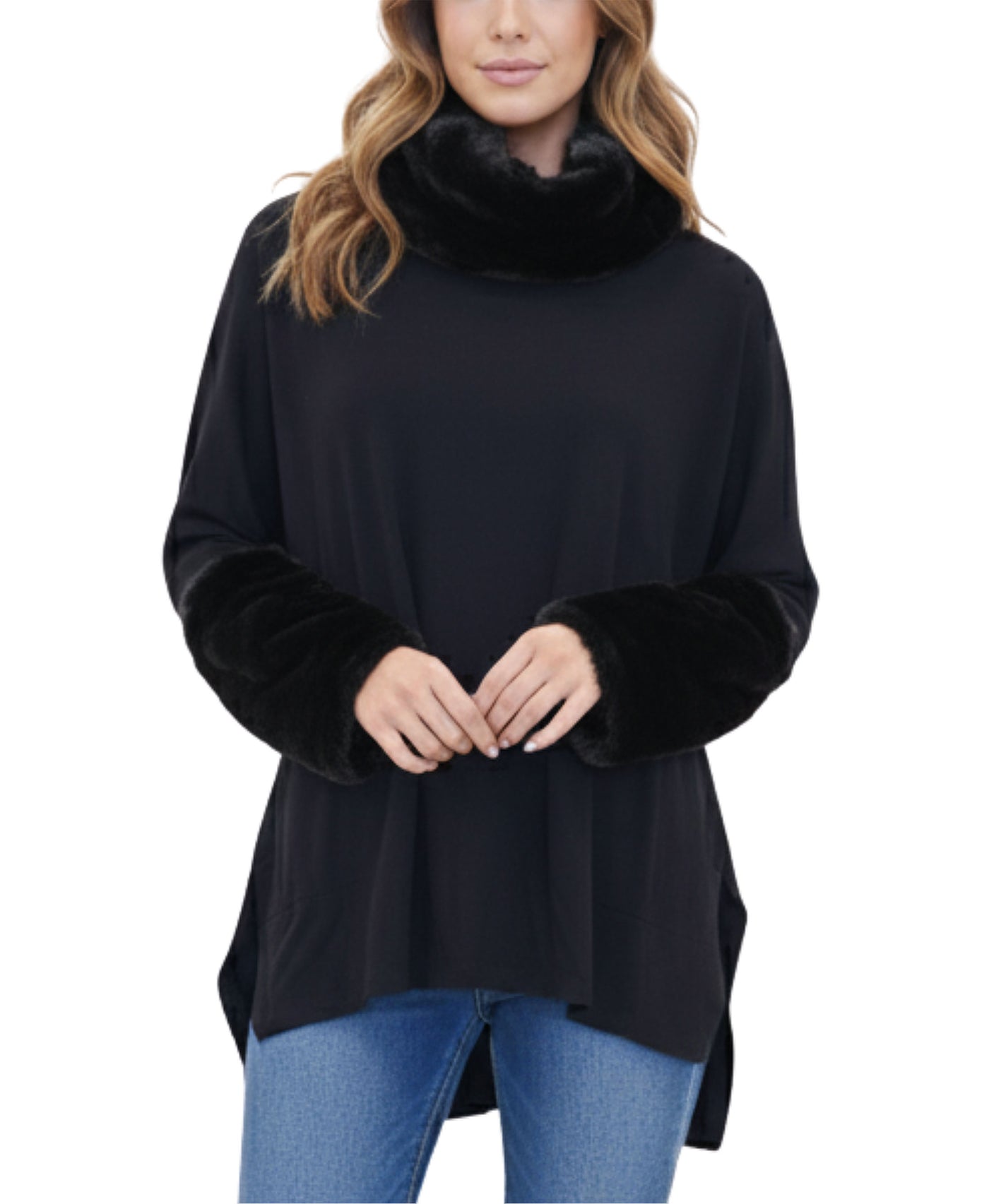 Fleece Tunic/Poncho w/ Faux Fur Trim view 1