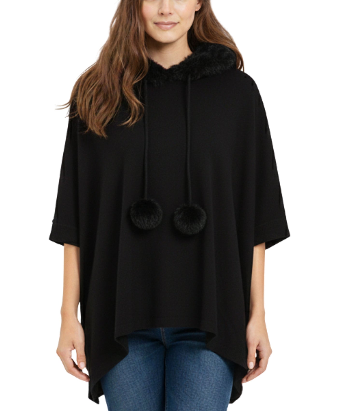 Hooded Poncho w/ Faux Fur view 1