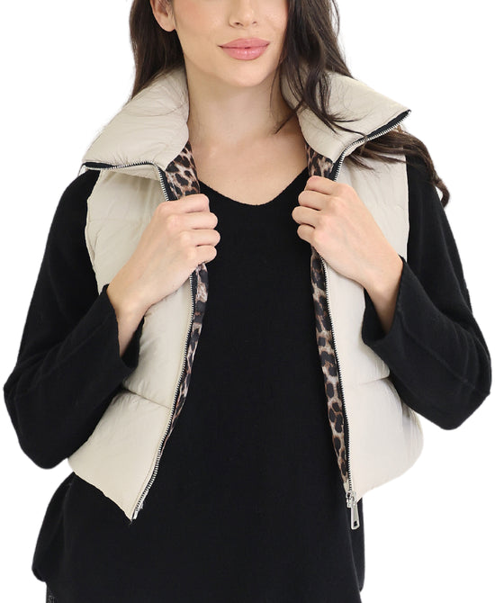 Crop Puffer Vest w/ Leopard Lining view 