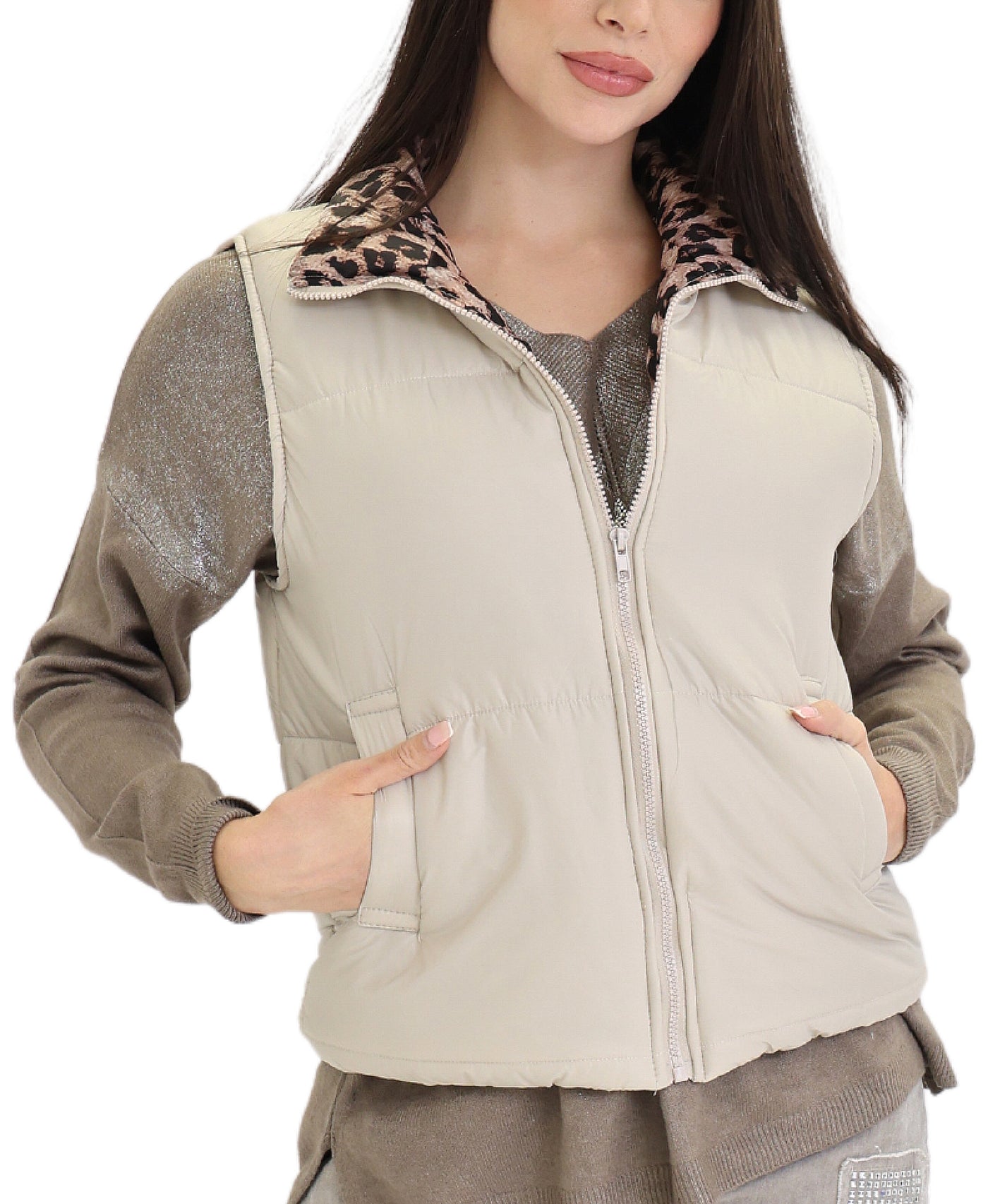 Puffer Vest w/ Leopard Lining view 1