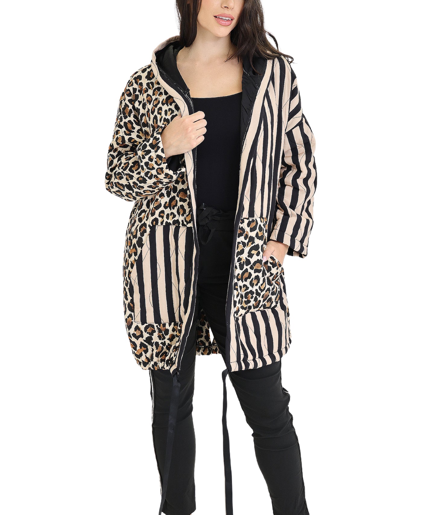 Stripe & Leopard Quilted Coat w/ Hood view 1