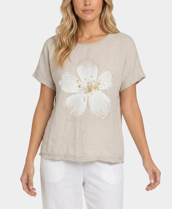 
Flower Print Linen Tee in BEIGE view 1