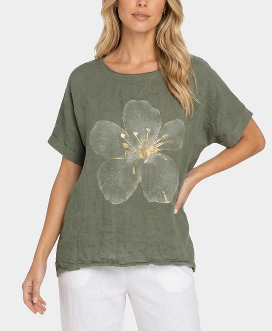 
Flower Print Linen Tee in OLIVE view 1