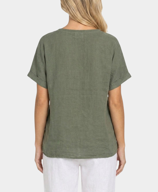 
Flower Print Linen Tee in OLIVE view 2