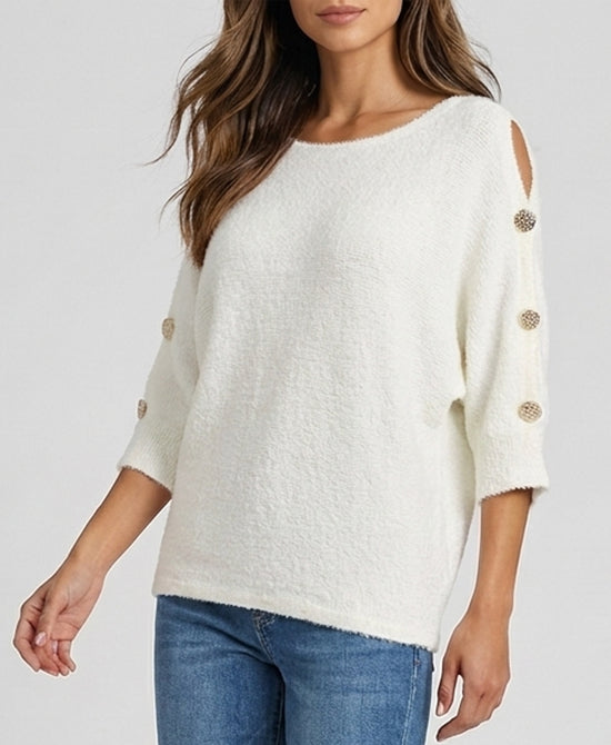 
Fuzzy Sweater w/ Cut-Out Sleeves in WHITE view 1