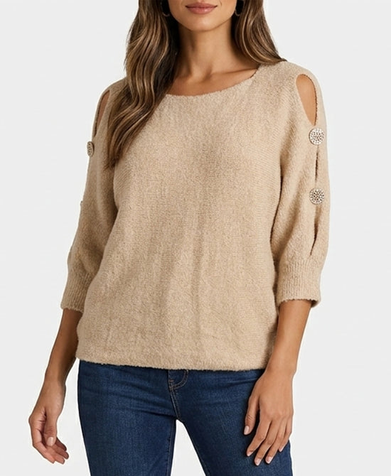 
Fuzzy Sweater w/ Cut-Out Sleeves in BEIGE view 1