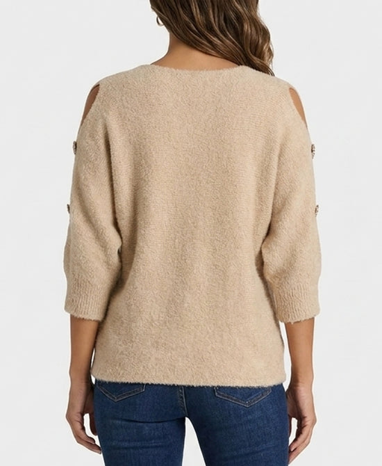 
Fuzzy Sweater w/ Cut-Out Sleeves in BEIGE view 2