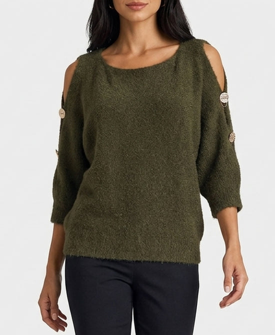 
Fuzzy Sweater w/ Cut-Out Sleeves in FOREST GREEN view 1
