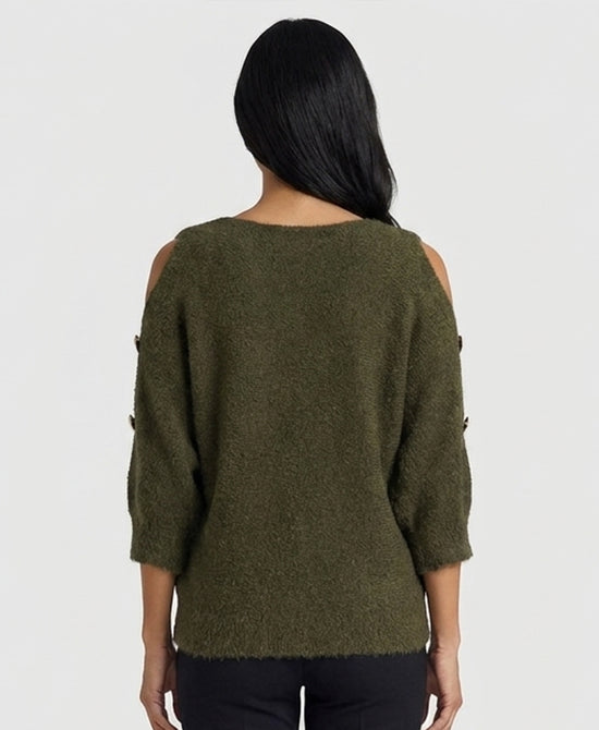 
Fuzzy Sweater w/ Cut-Out Sleeves in FOREST GREEN view 2