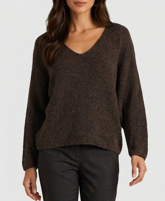 
V-Neck Sweater w/ Pearl Back Buttons in BROWN view 1