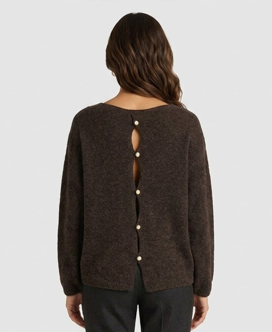
V-Neck Sweater w/ Pearl Back Buttons in BROWN view 2