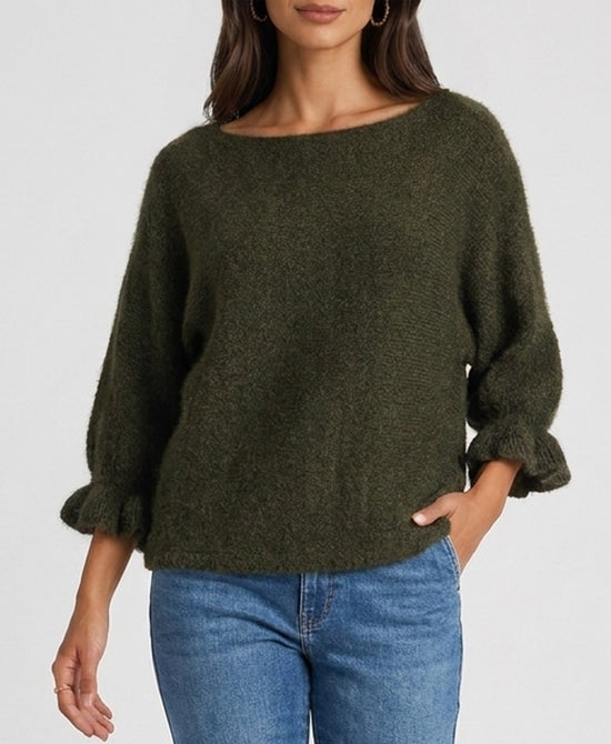 
Fuzzy Sweater w/ Keyhole Back Detail in FOREST GREEN view 1