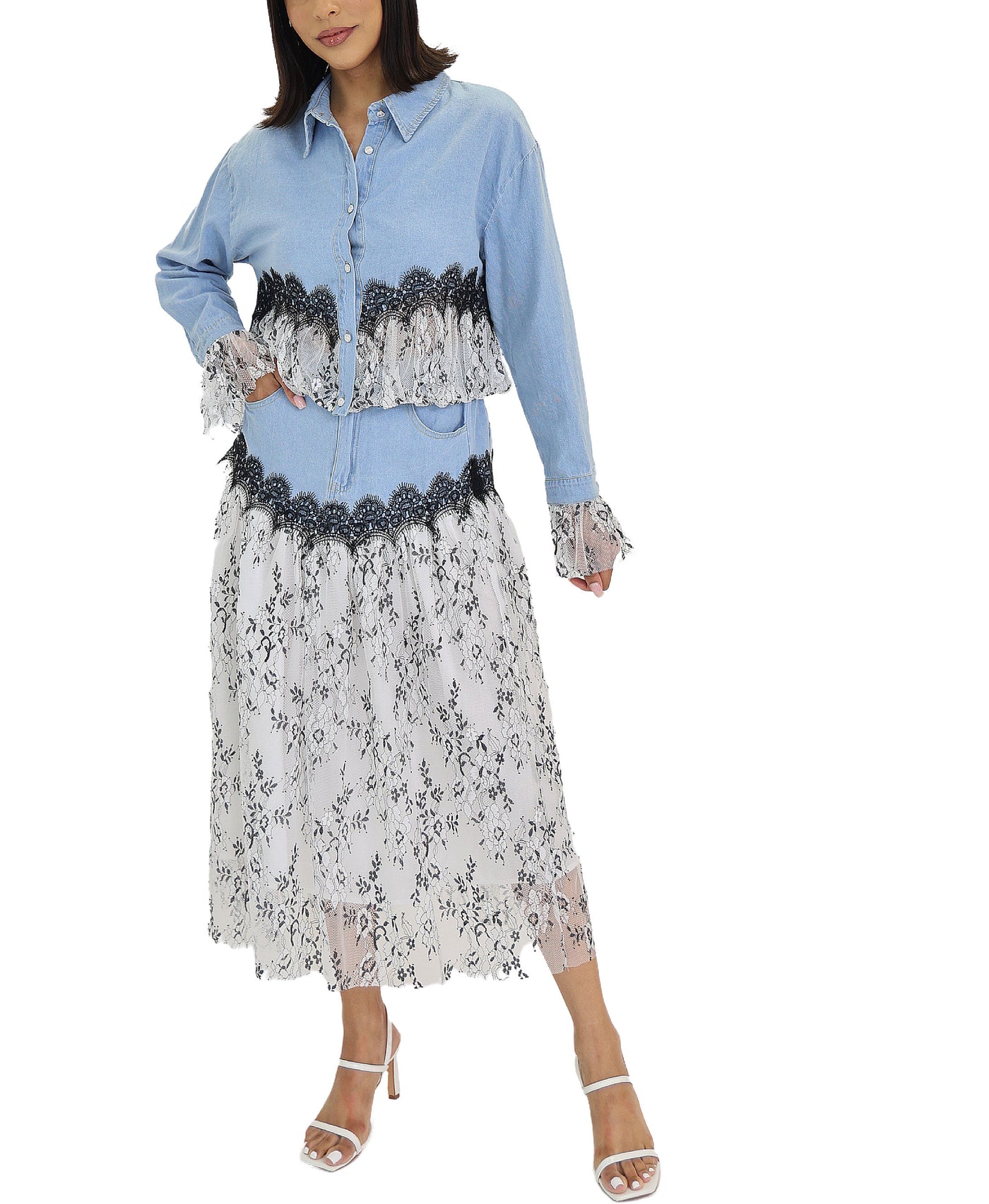 Denim Top w/ Lace Trim & Skirt Set- 2 Pc Set view 1