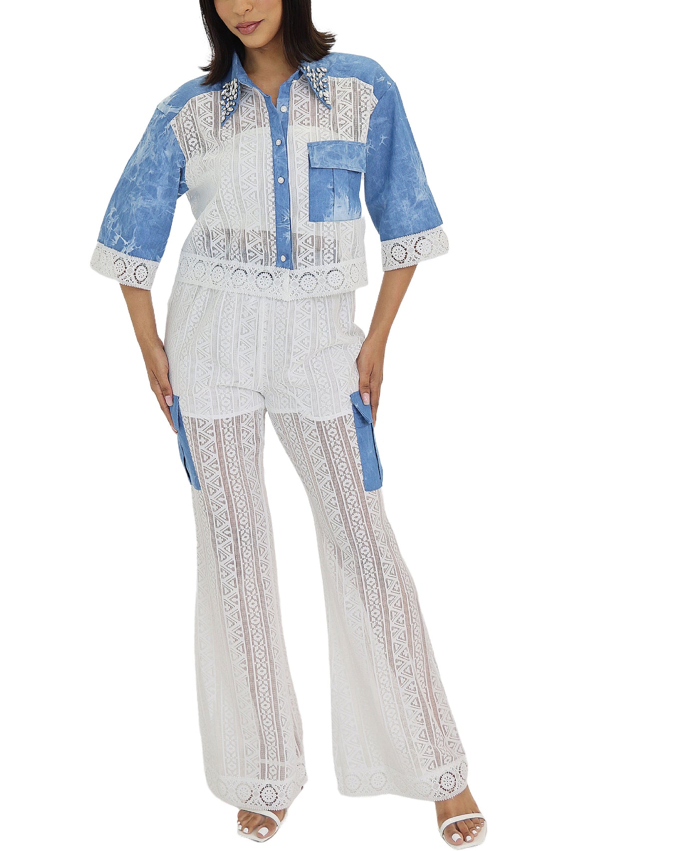 Lace Denim Trim Top & Pants Set- 2 Pc Set view 1